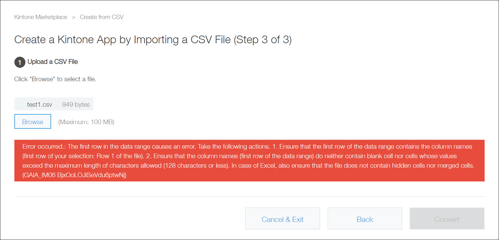 Screenshot: An error message is displayed on the "Create a Kintone App by Importing a CSV File" screen