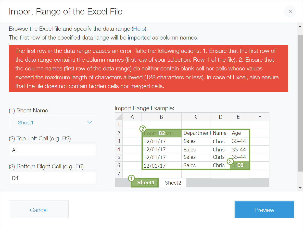 Screenshot: An error message is displayed in the "Import Range of the Excel File" dialog