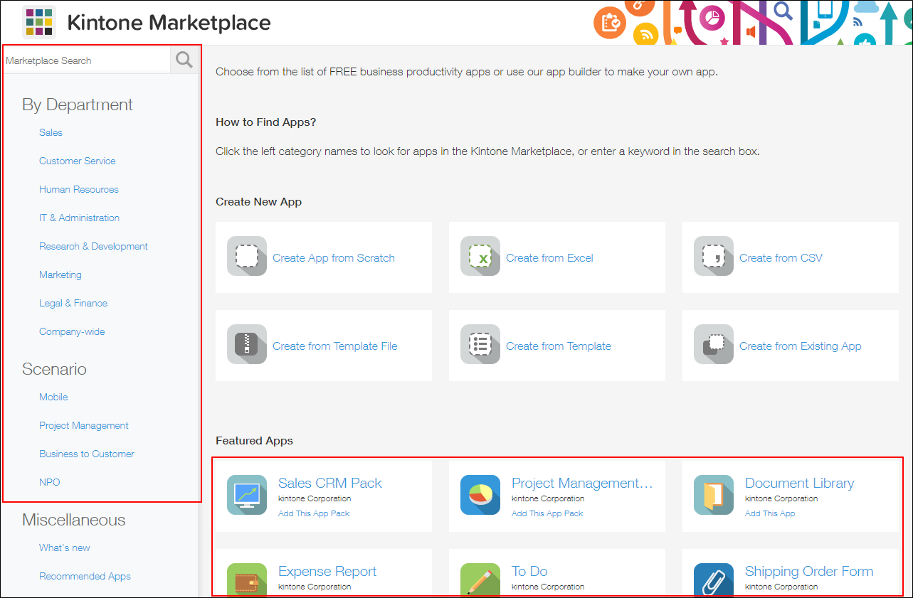 Screenshot: App categories and the "Feature Apps" section are outlined on the "Kintone Marketplace" screen