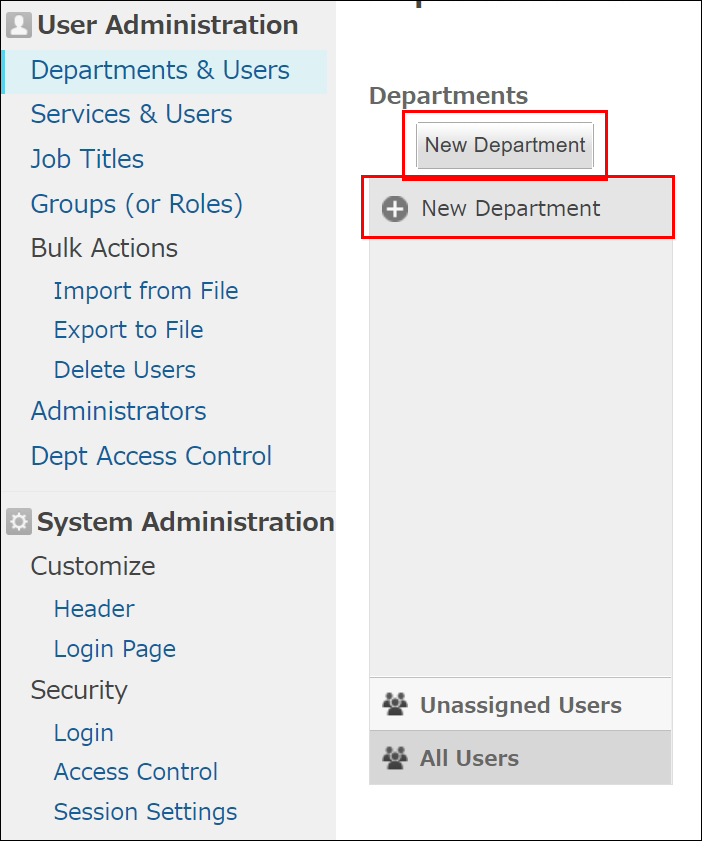 Screenshot: The "Add Department" buttons are highlighted on the "Departments & Users" screen