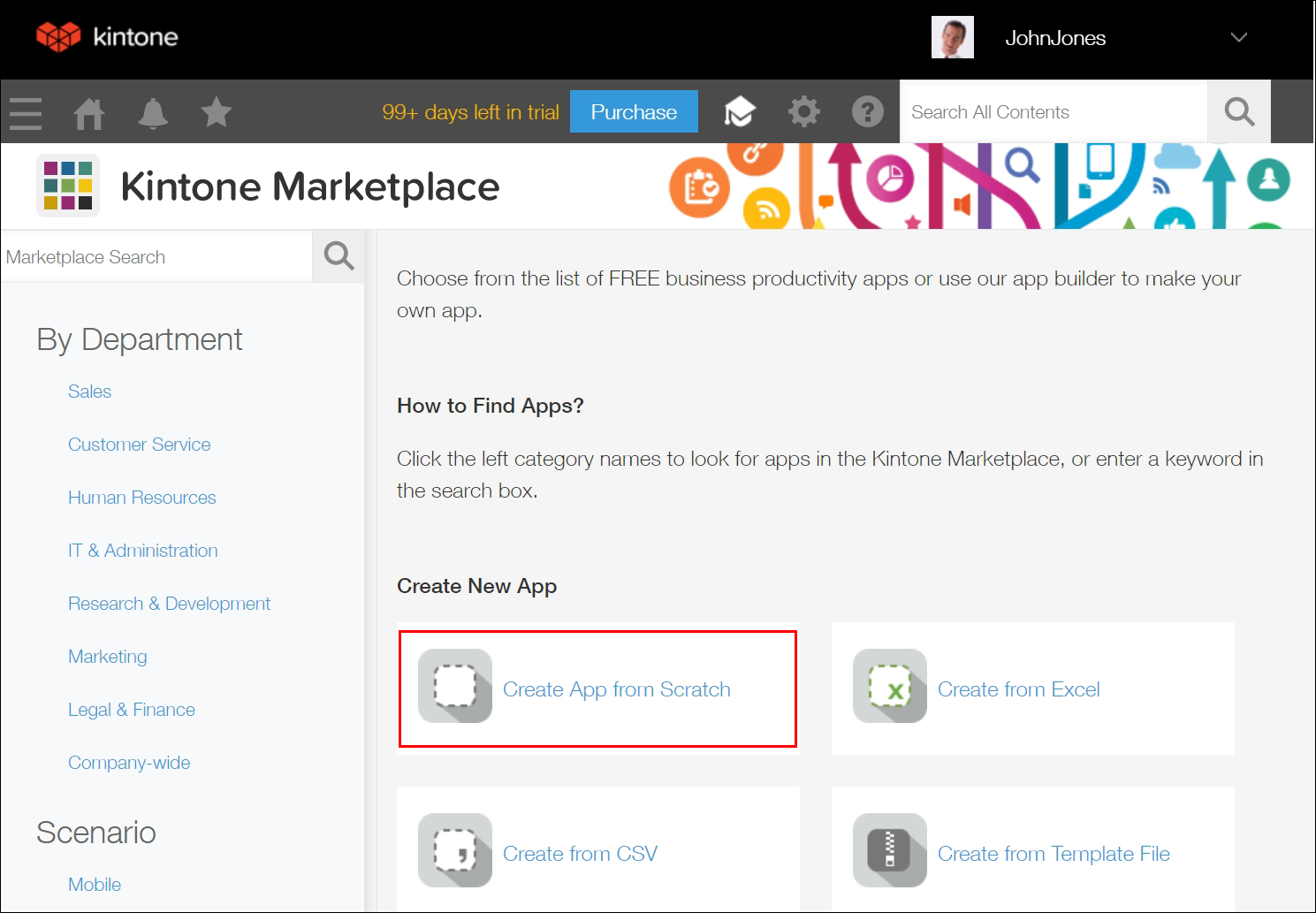 Screenshot: The "Create App from Scratch" link is outlined on the "Kintone Marketplace" screen