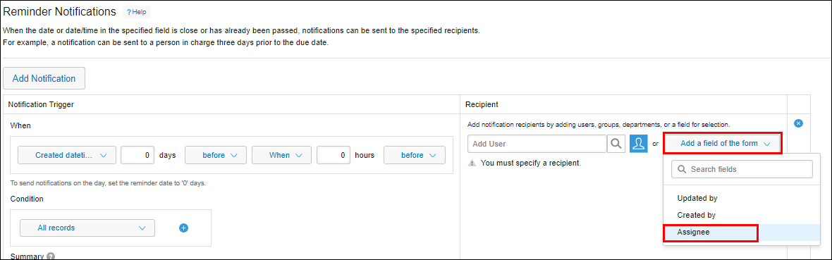 Screenshot: Specifying "Assignee" as a notification recipient