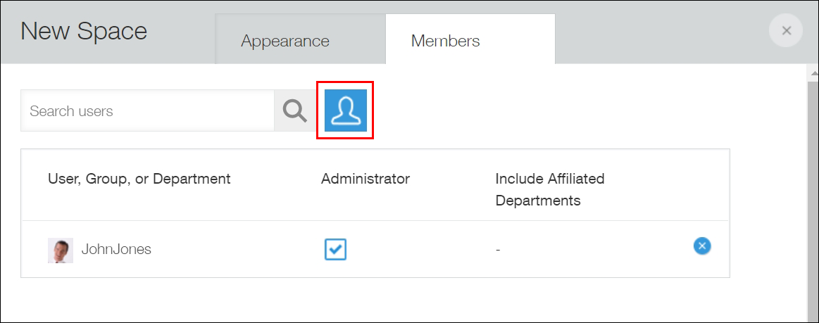 Screenshot: The "Select users from departments or groups" icon is outlined on the "Members" tab