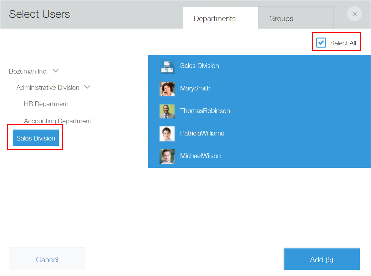 Screenshot: All of the members of the sales division are selected on the "Departments" tab