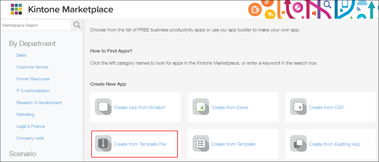 Screenshot: "Create from Template File" is outlined on the screen for creating an app