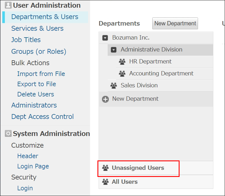 Screenshot: The "Users Not Yet Assigned" link is highlighted on the "Departments & Users" screen