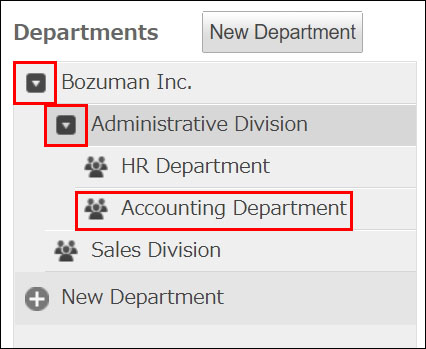 Screenshot: Selecting a department from the expanded department tree