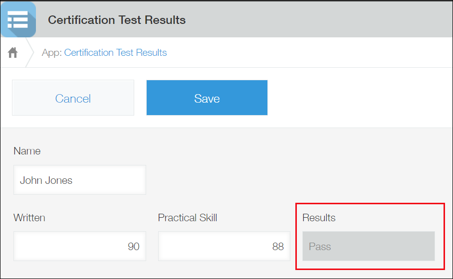 Screenshot: "Pass" is automatically displayed because both the "Written" and "Practical Skill" fields have scores of 80 or higher