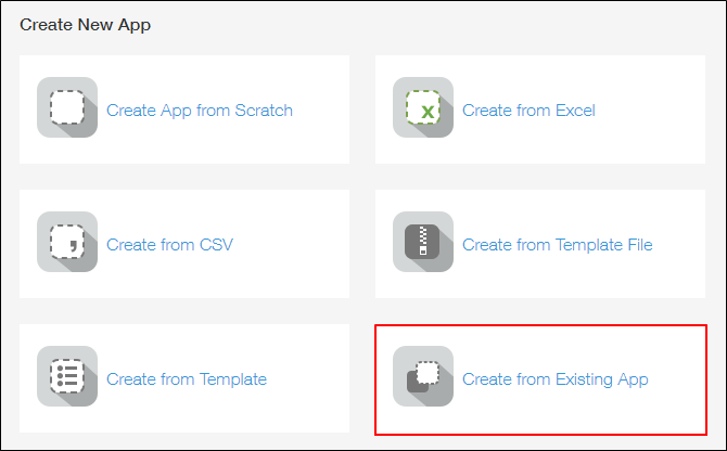 Screenshot: The "Create from Existing App" button is outlined