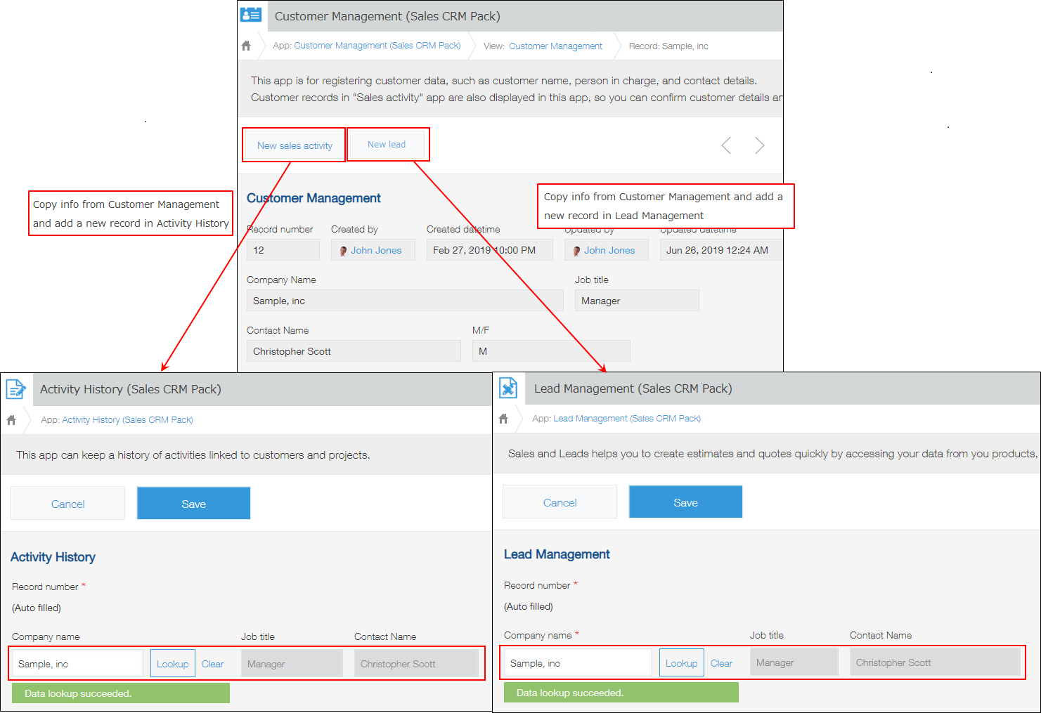 Screenshot: Example of using the App Action feature to copy data to other apps