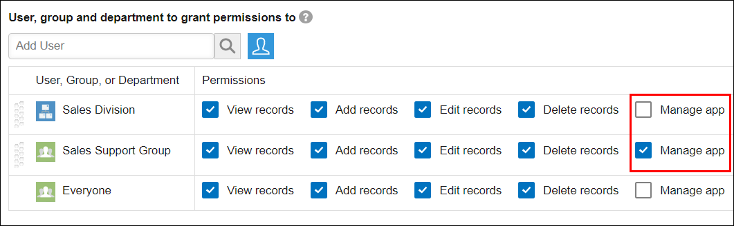 Screenshot: A settings screen where the "Sales Division" department does not have the "Manage app" permission, and the "Sales Division Group" group does have the "Manage app" permission