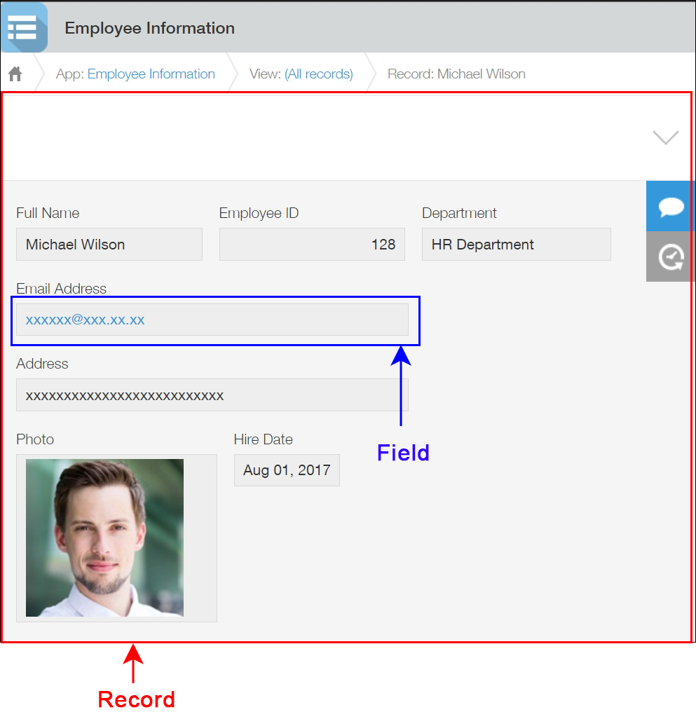 Screenshot: A record and field are displayed from the "Employee Information" app