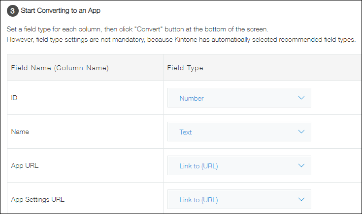 Screenshot: Field types are automatically selected