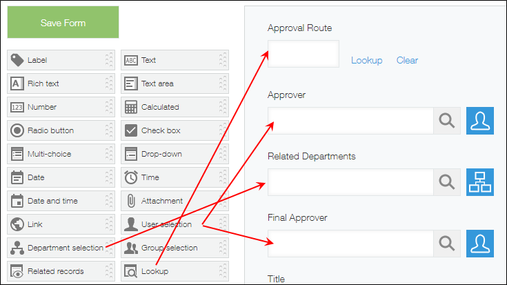 Screenshot: A "Department selection" field, "User selection" fields, and a "Lookup" field are placed on the form of an app for which Process Management is to be set up