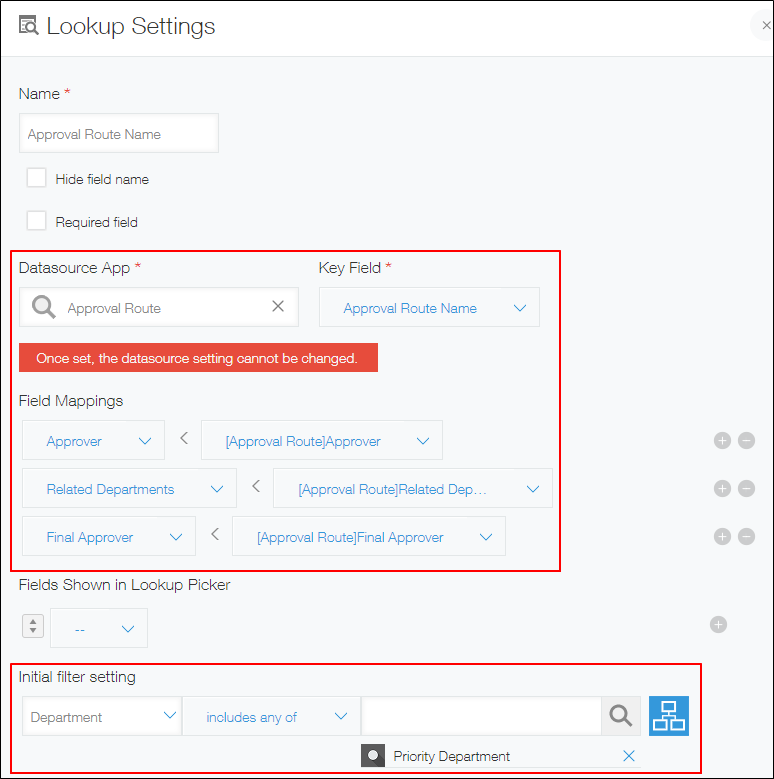 Screenshot: On the "Lookup Settings" screen, the "Datasource App", "Key Field", "Field Mappings", and "Initial filter setting" sections are outlined