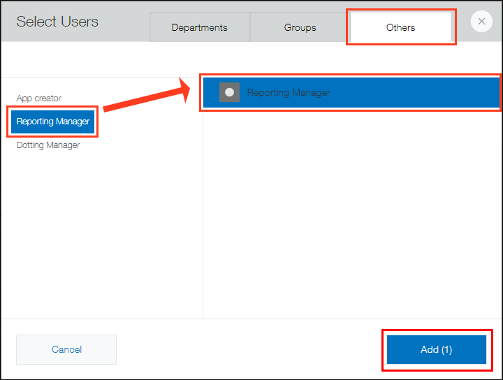 Screenshot: "Others", "Reporting Manager" and "Add" are outlined on the "Select Users" dialog