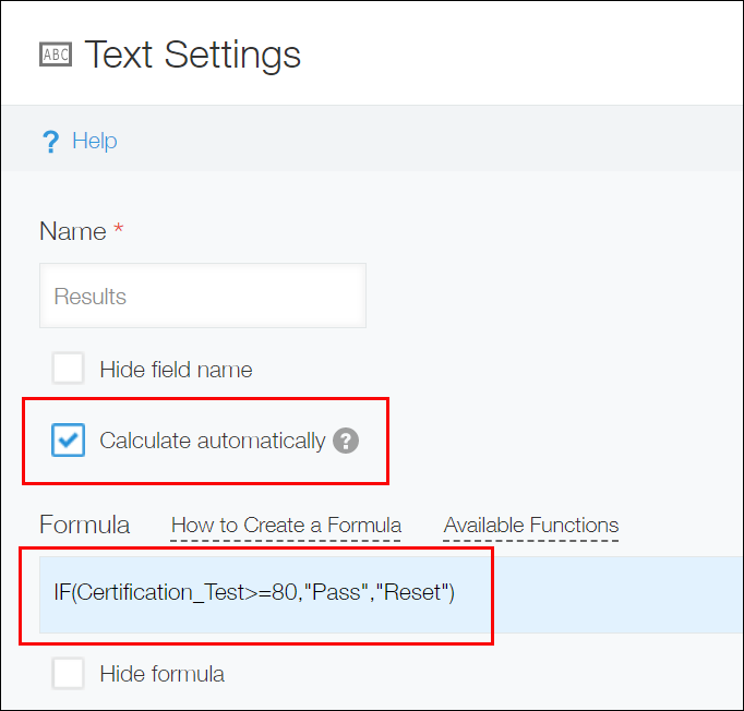 Screenshot: Setting a formula for a "Text" field