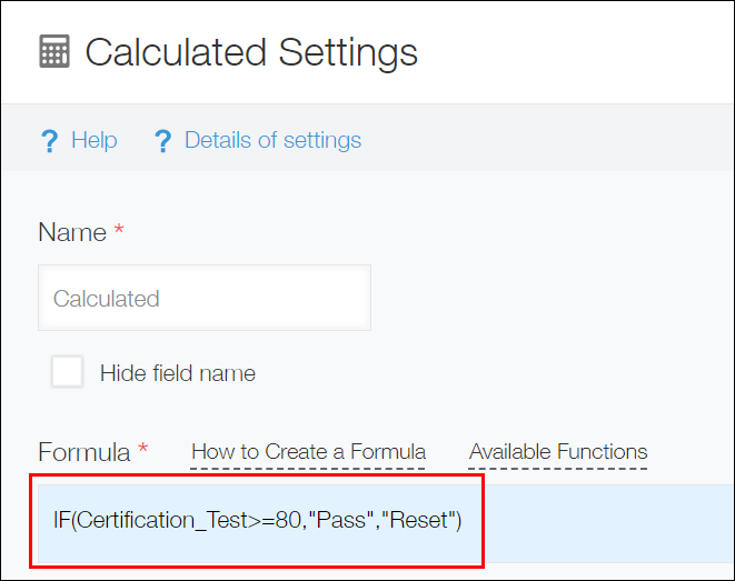 Screenshot: Setting a formula for a "Calculated" field