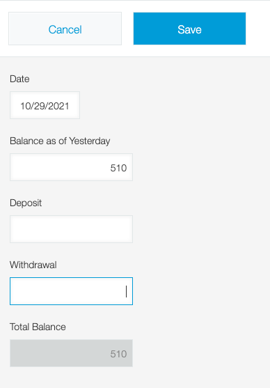 Screen showing the retrieved data for Balance as of Yesterday