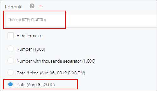 Screenshot: The "Calculated Settings" screen showing a formula being entered to calculate the date that is a month from a base date