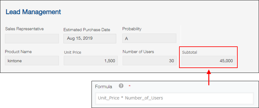 Screenshot: Using a "Calculated" field to automatically calculate a subtotal