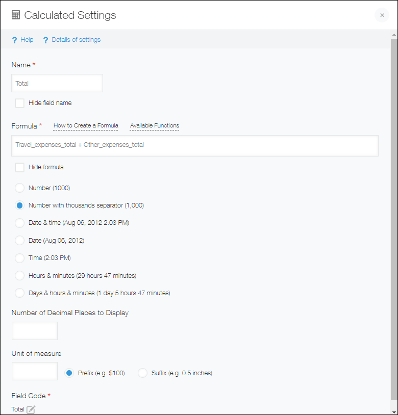 Screenshot: The settings of a "Calculated" field.