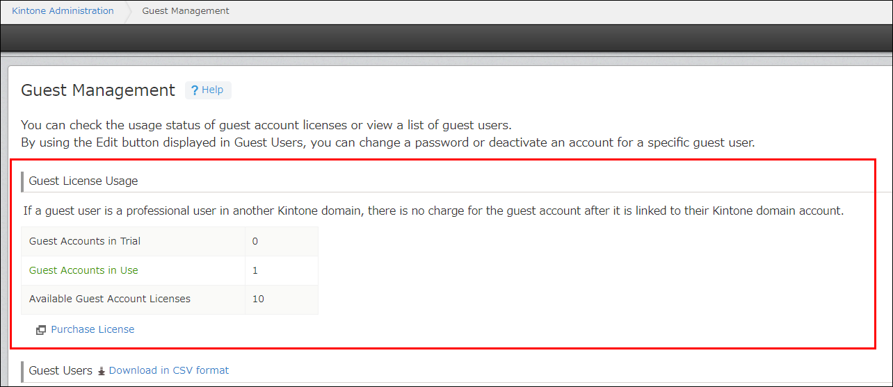 Screenshot: The "Guest License Usage" section is outlined in red on the "Guest Management" screen