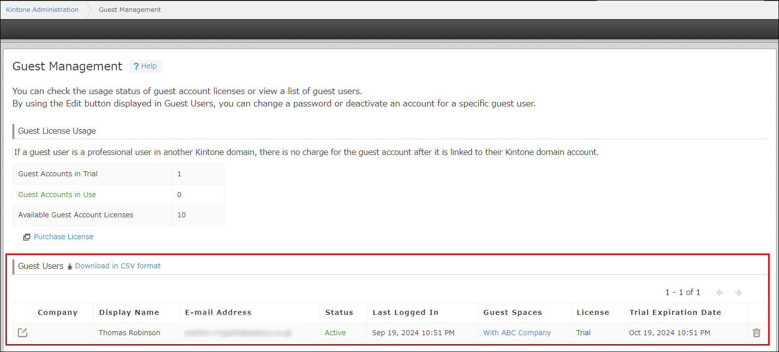 Screenshot: The Guest Users list outlined in red on the "Guest Management" screen