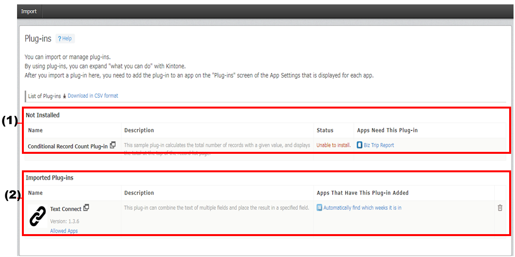 Screenshot: Screenshot: The (1) "Not Installed" and (2) "Imported Plug-ins" sections are highlighted in red on the "Plug-ins" screen