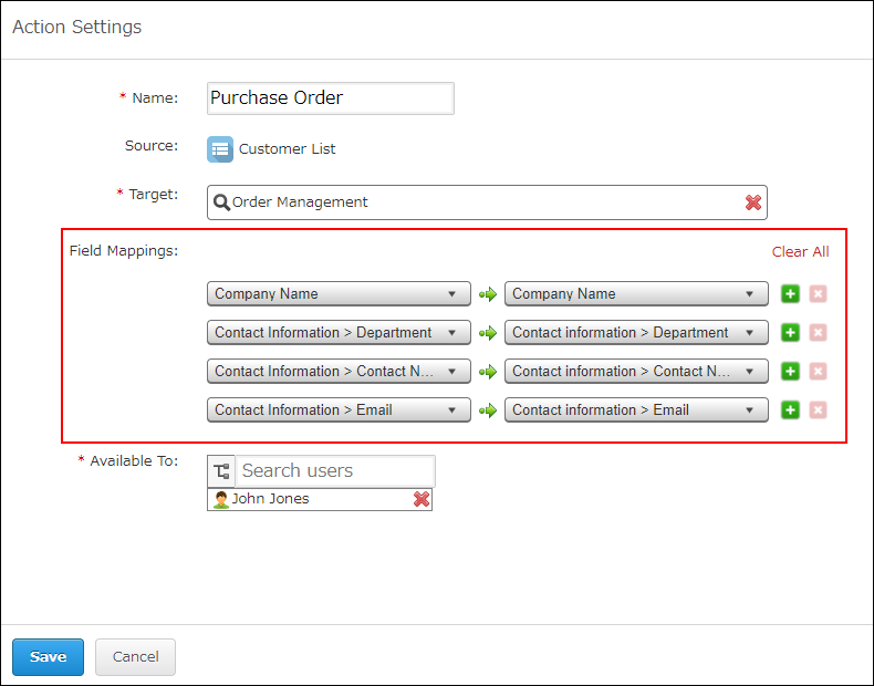 Screenshot: The "Field Mappings" is shown on the screen for setting up actions