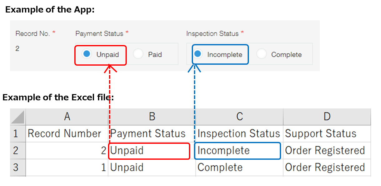 Screenshot: Example of importing data into "Radio button" fields