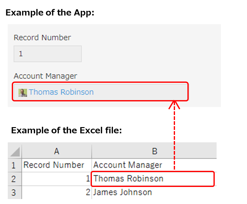 Screenshot: Example of importing data into a "User selection" field