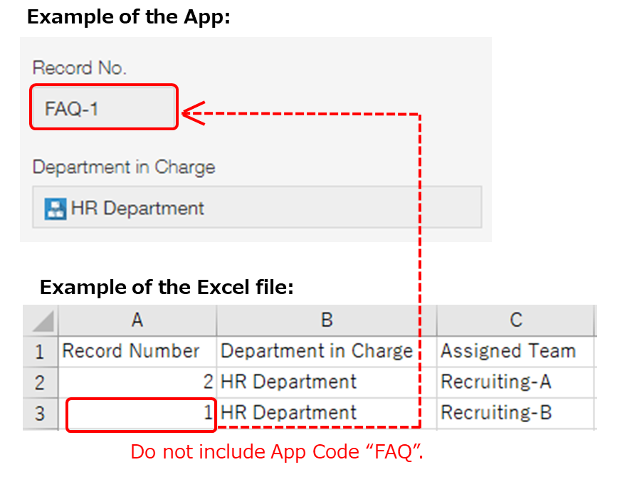 Screenshot: Example of importing record number data