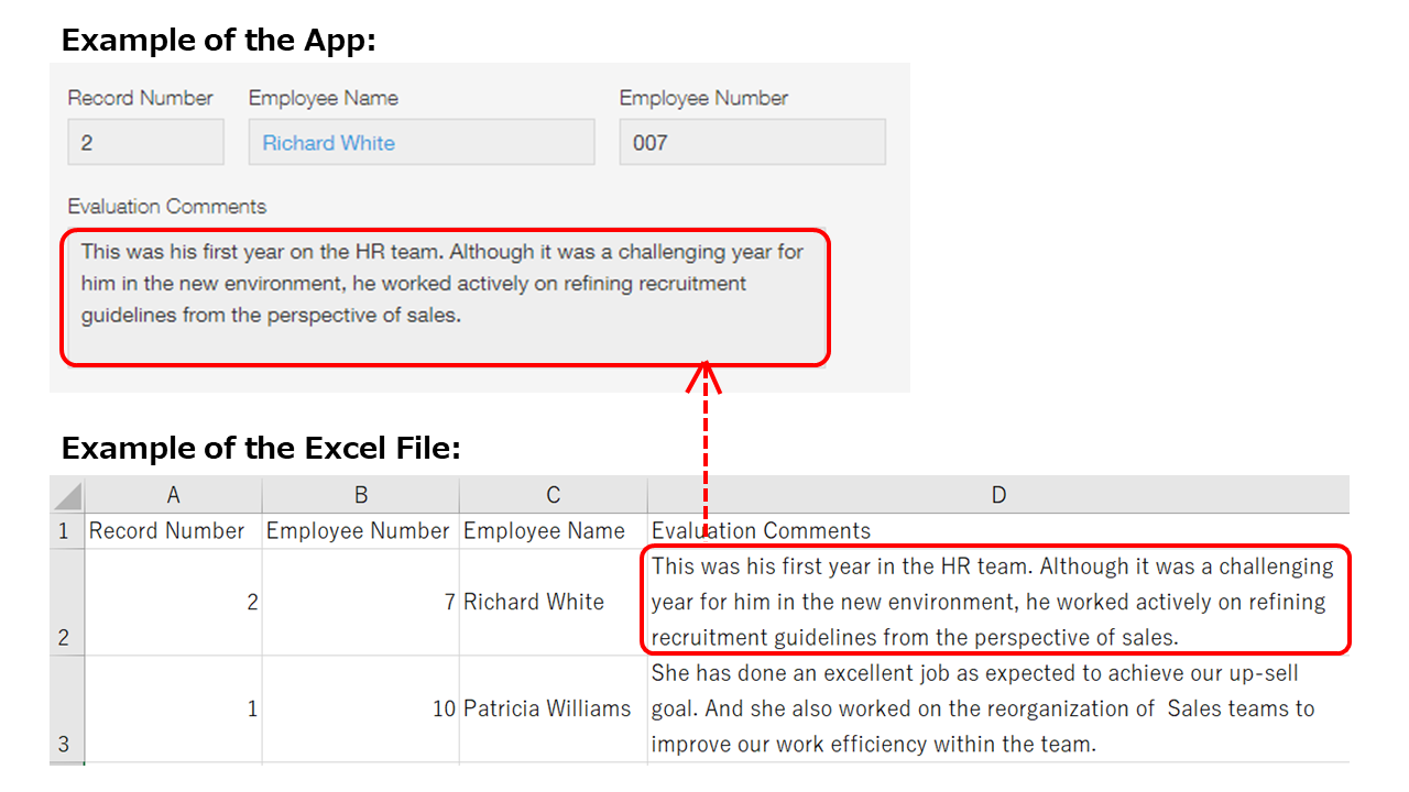 Screenshot: Example of importing data into a "Text area" field