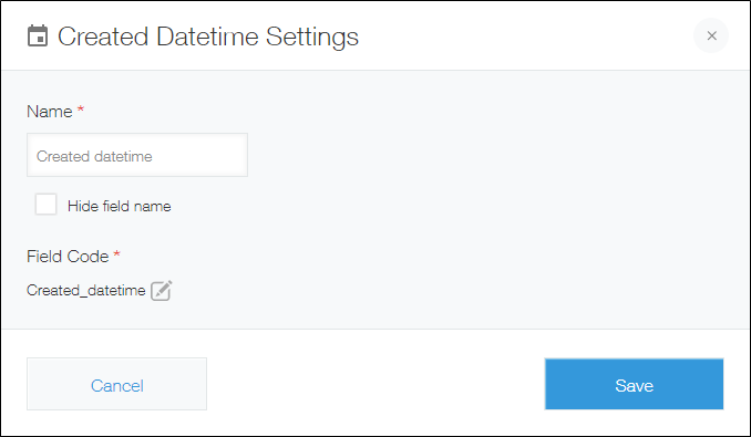 Screenshot: The settings screen of a "Created datetime" field