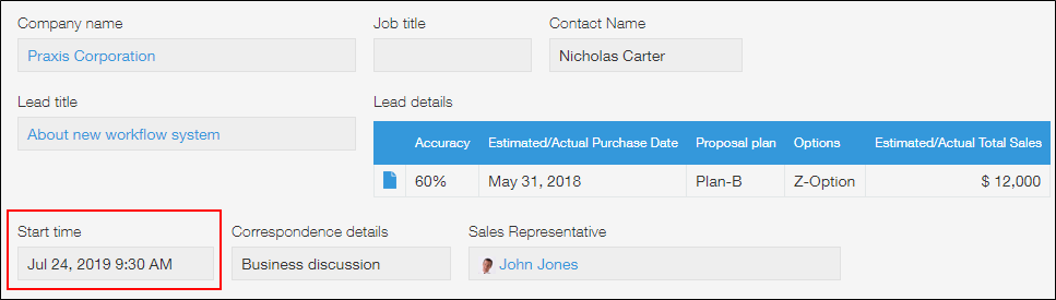 Screenshot: An example of a "Date and time" field being used as a field for entering the date and time of an inquiry was received