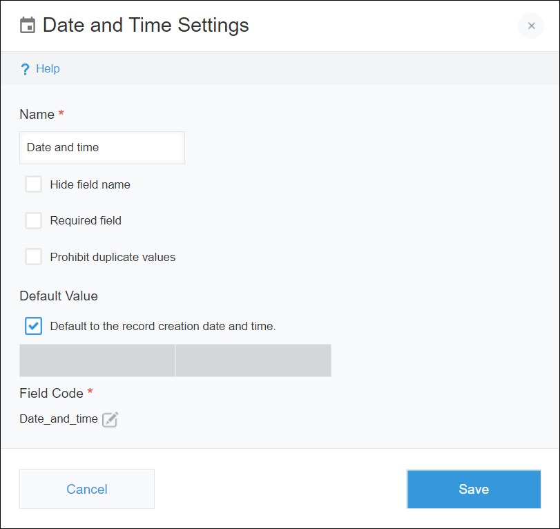 Screenshot: The settings of a "Date and time" field