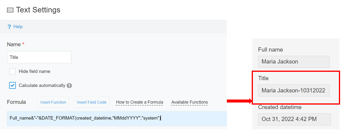 Screenshot: The value of the "Full name" field and the record's created datetime are combined