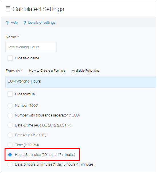 Screenshot: The display format of the calculation result