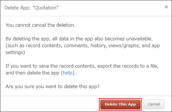 Screenshot: The "Delete App: (App Name)" dialog