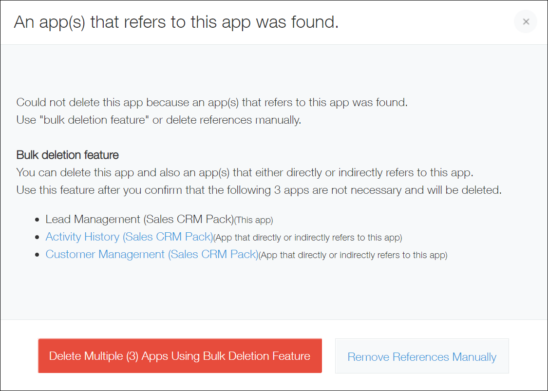 Screenshot: The "An app(s) that refers to this app was found" dialog is displayed