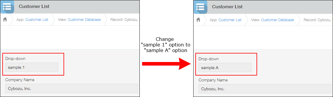 Example of changing the name of an option in an option field