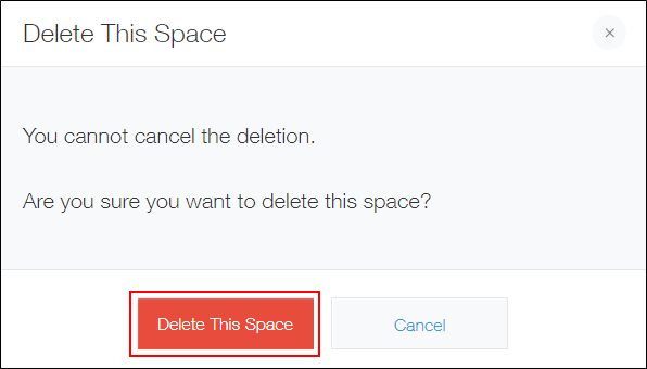 Screenshot: The "Delete This Space" button on the confirmation dialog is displayed