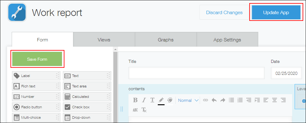 Screenshot: The "Save Form" button and the "Update App" button