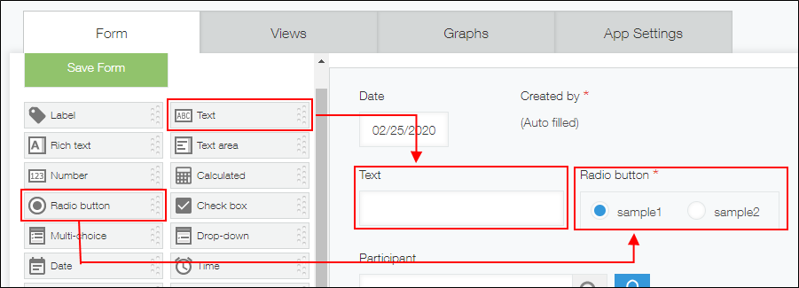 Screenshot: Placing a "Text" field and a "Radio button" field on the "Form" tab