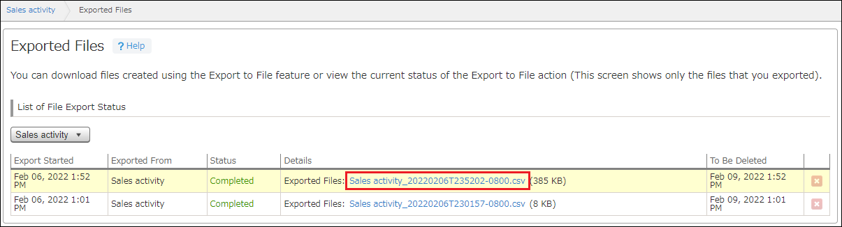 The "Exported Files" screen