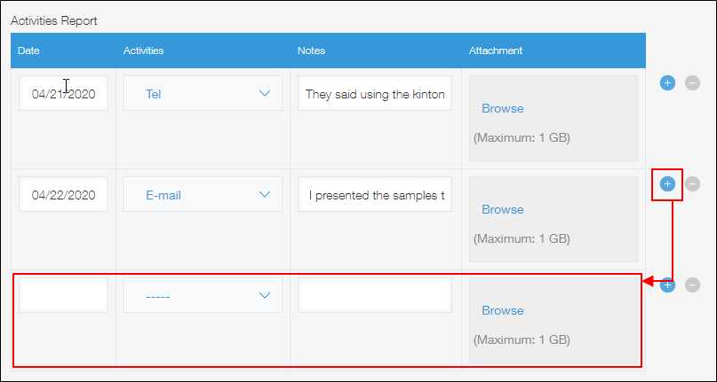 Screenshot: An example of a "Date" field being used in a table for entering sales reports by date