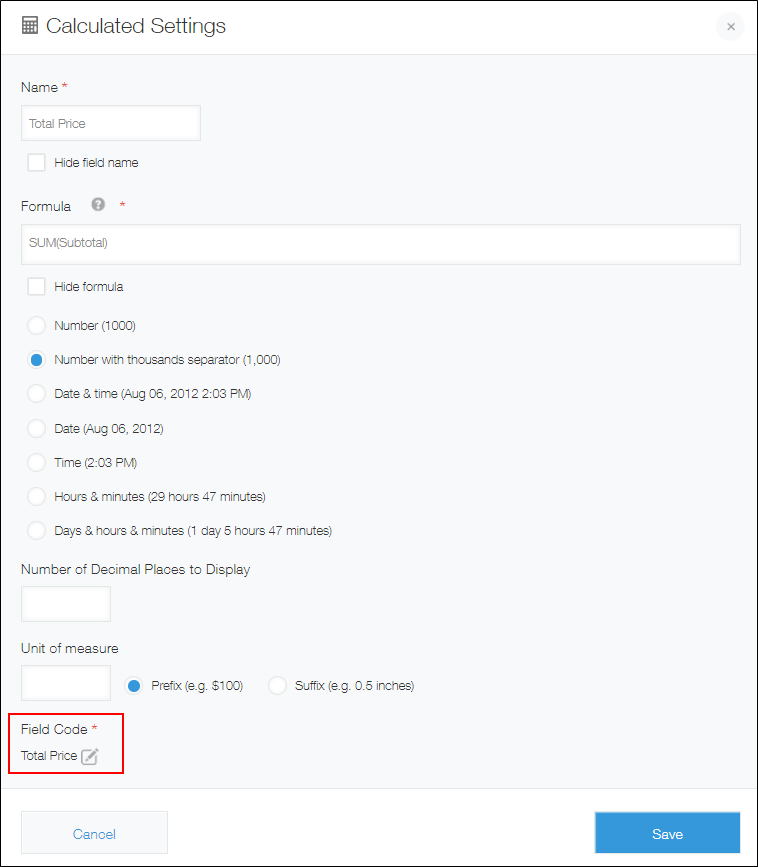 Screenshot: The "Calculated" field setting dialog