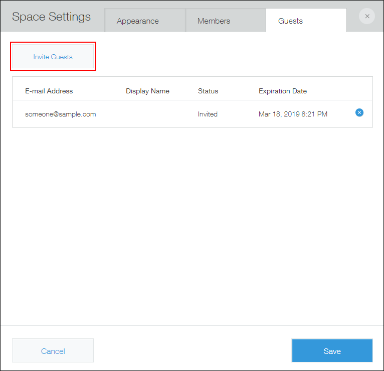 Screenshot: "Invite Guest Users" is outlined on the "Space Settings" dialog