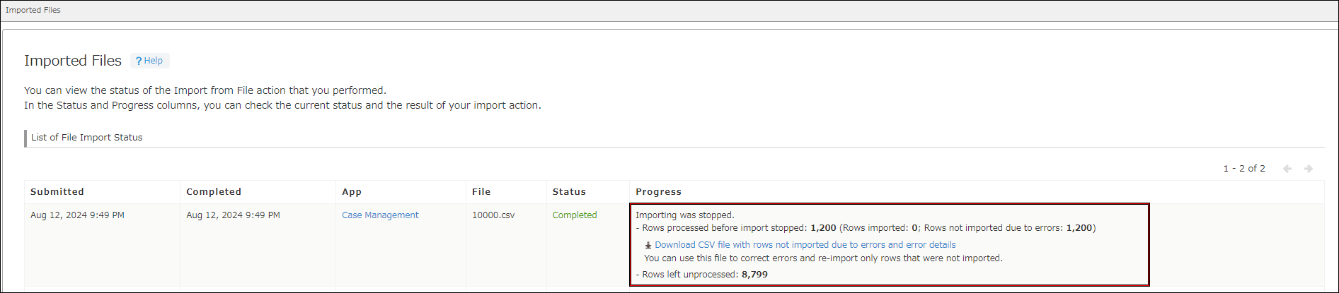 Screenshot: The results of a stopped import process are outlined on the "Imported Files" screen